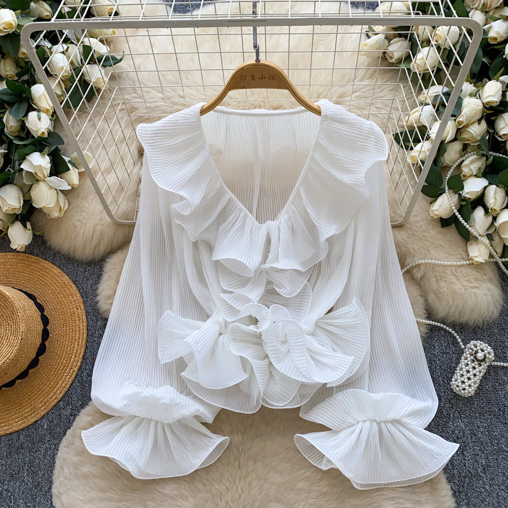 French chic v-neck ruffle trim pleated blouse - women's spring/summer long sleeve, versatile and stylish design top