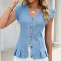 Fashion cross-border foreign trade  washed denim sleeveless shirt v-neck small flying sleeves fishtail hem easiest for matchvest