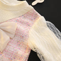 Girls' spring dress: sweet princess style with mesh, puff sleeves, round neck, bow detail, and chanel-inspired design