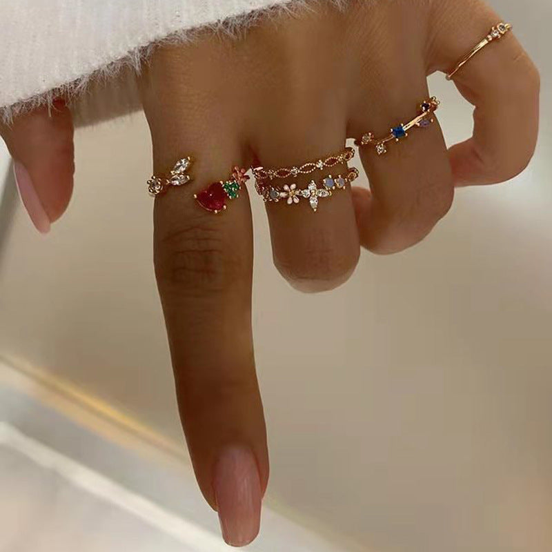 Open gold-plated flower ring set wholesale cross-border alloy jewelry niche diamond-set pair of rings for women diamond