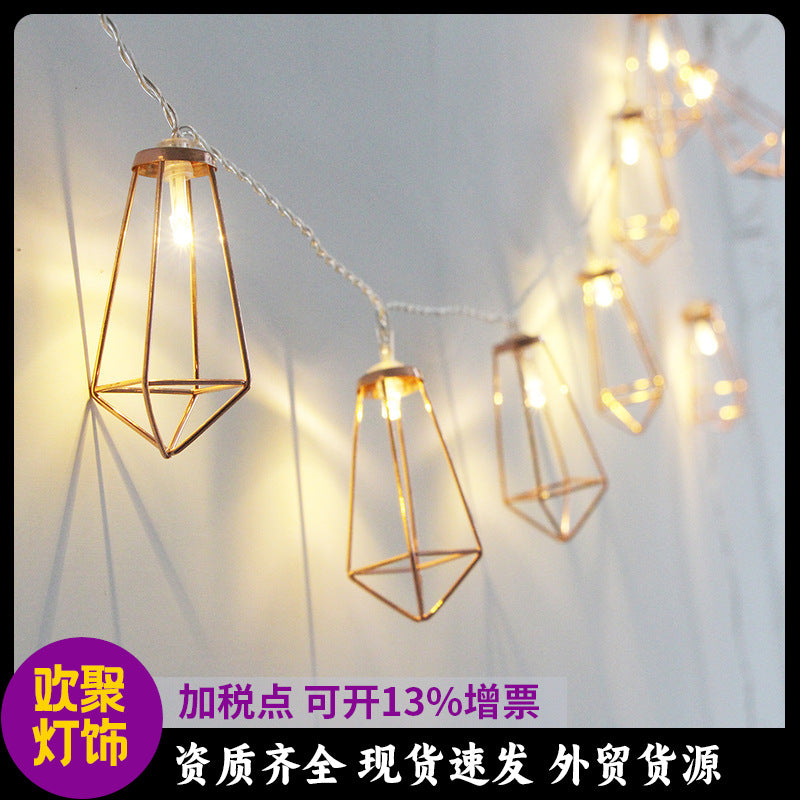 Cross-border new product 3 meters 20LED wrought iron diamond light string, water drop geometric small lantern Christmas decorative battery light