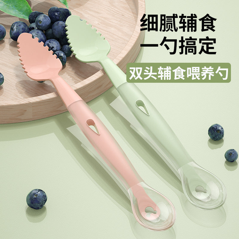 Double-headed mud scraping spoon baby silicone soft spoon baby food supplement artifact newborn eating fruit training fork and spoon set