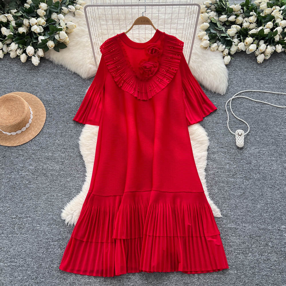 European and american niche style heavy beaded 3d floral flared sleeve dress - women's loose fit slimming a-line pleated maxi dress