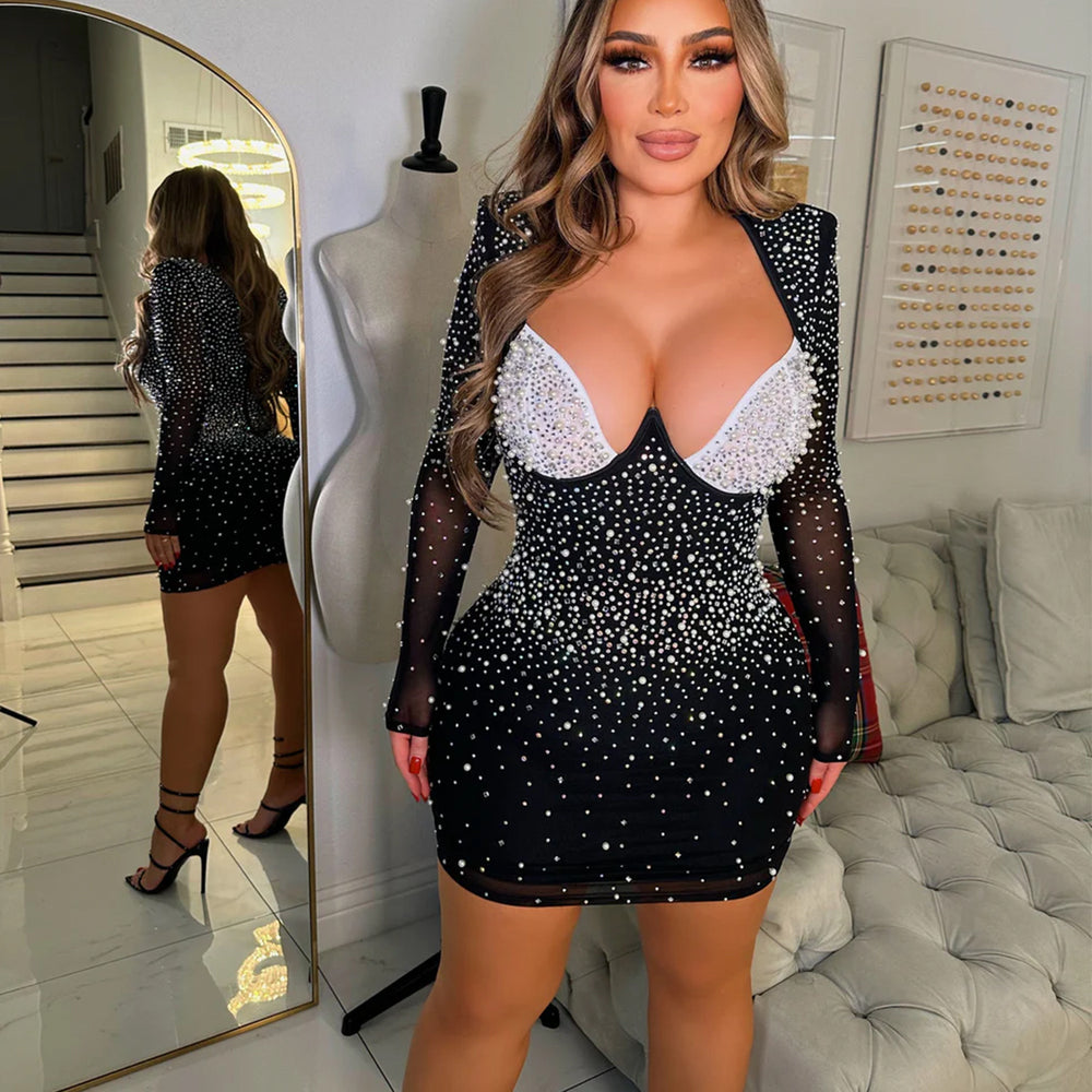 C6858 cross-border   fashion women's solid color mesh rhinestone long sleeve mini dress