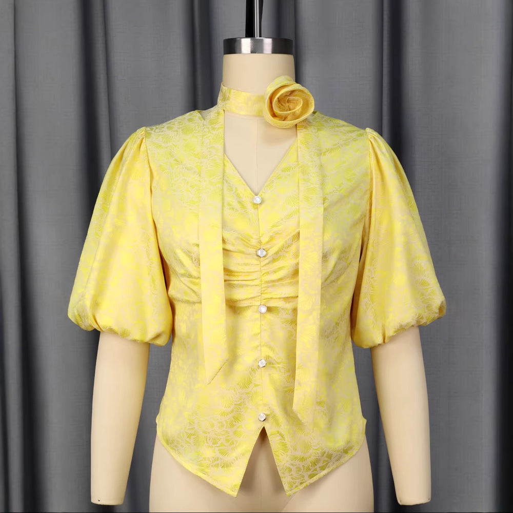 Spring/summer new v-neck puff sleeve 3d floral slim-fit solid color top - elegant single-breasted pleated waist blouse