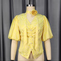 Spring/summer new v-neck puff sleeve 3d floral slim-fit solid color top - elegant single-breasted pleated waist blouse