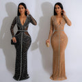 C6832 cross-border   fashion women's solid color mesh rhinestone long dress