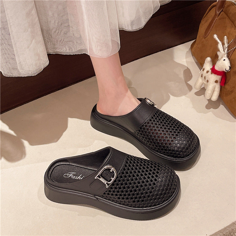 Baotou sandals for women 2025new arrivalretro woven baotou half slippers platform shoesthick sole slip-on cut out slippers