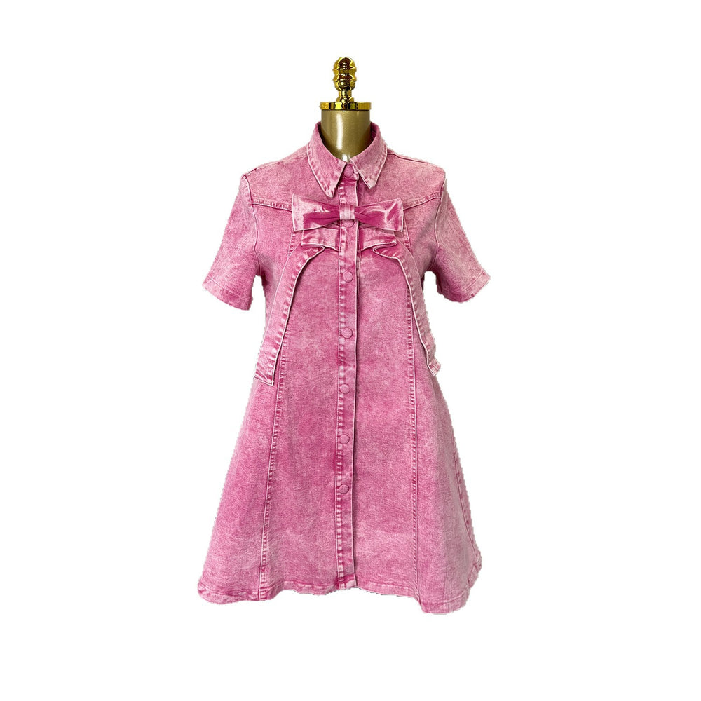 e-commerce  fashion bowknot elegant dress, loose sweet a-line mini denim skirt