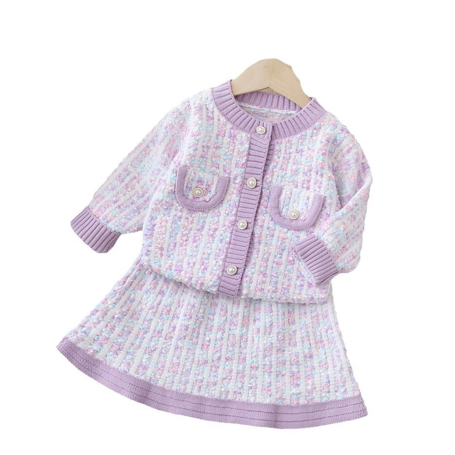 Girls' chanel-inspired two-piece autumn outfit: baby girl's jacket and cardigan sweater set
