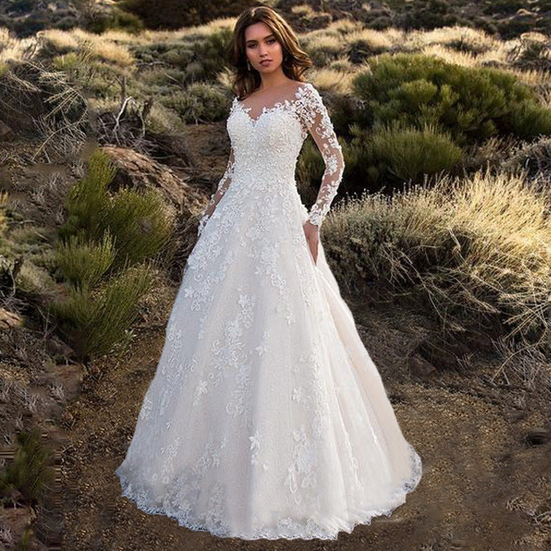 spring new arrivals: european & american style women's clothing - -ready long sleeve off-the-shoulder bridal wedding dress gown