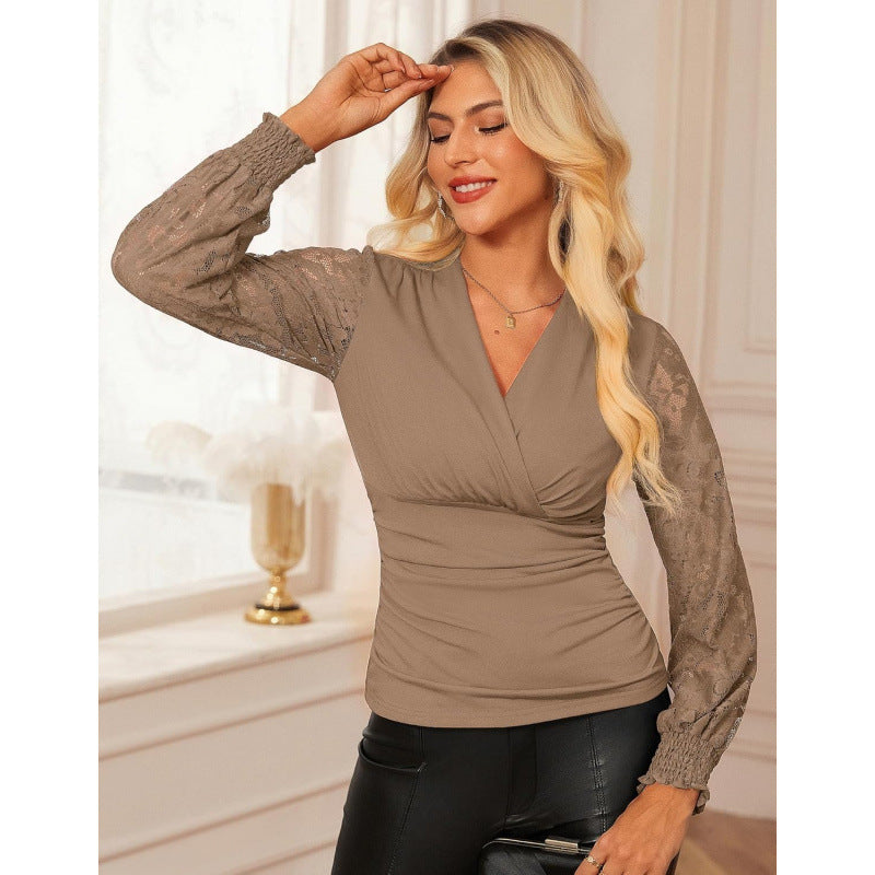 Amazon casualelegancelace pleated shirt women's  spring new arrivalelegantfashionlong sleevestops