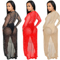 C5729   fashion women's nightclub rhinestone deep v long sleeve slit maxi dress