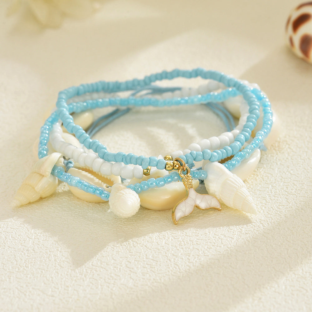 Multi-layer beaded foot jewelry wholesale european and american cross-border anklets for women vacation style shell starfish elastic rice bead anklet set