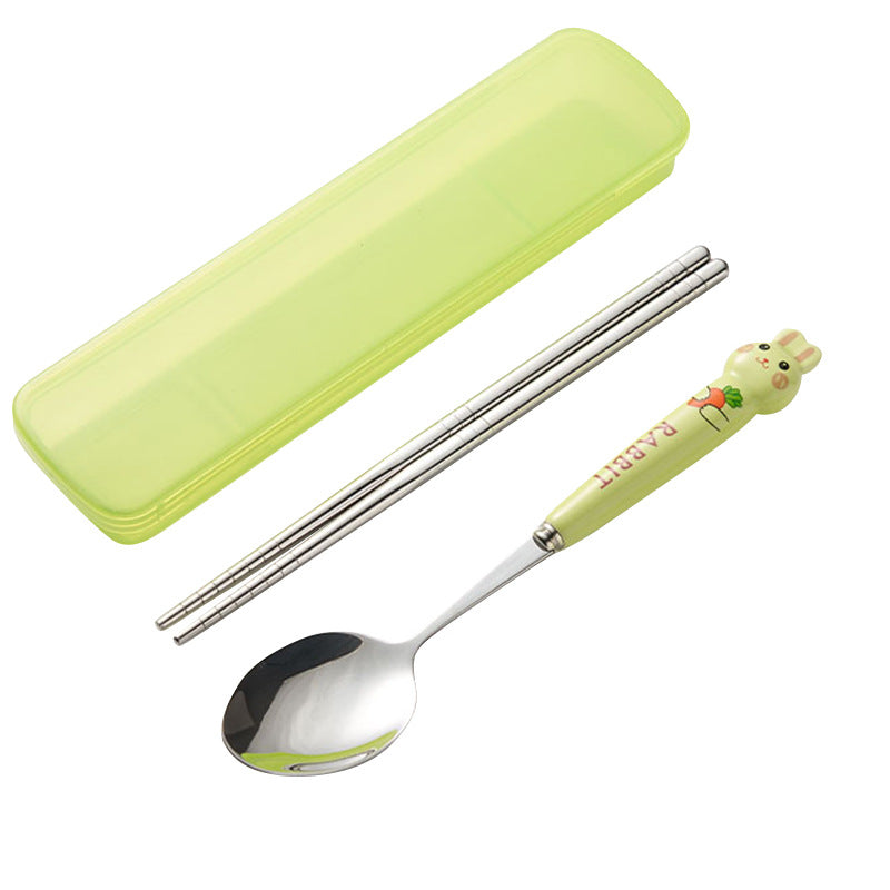 Cartoon rabbit portable cutlery set - 3-piece stainless steel spoon and chopsticks with ceramic handle