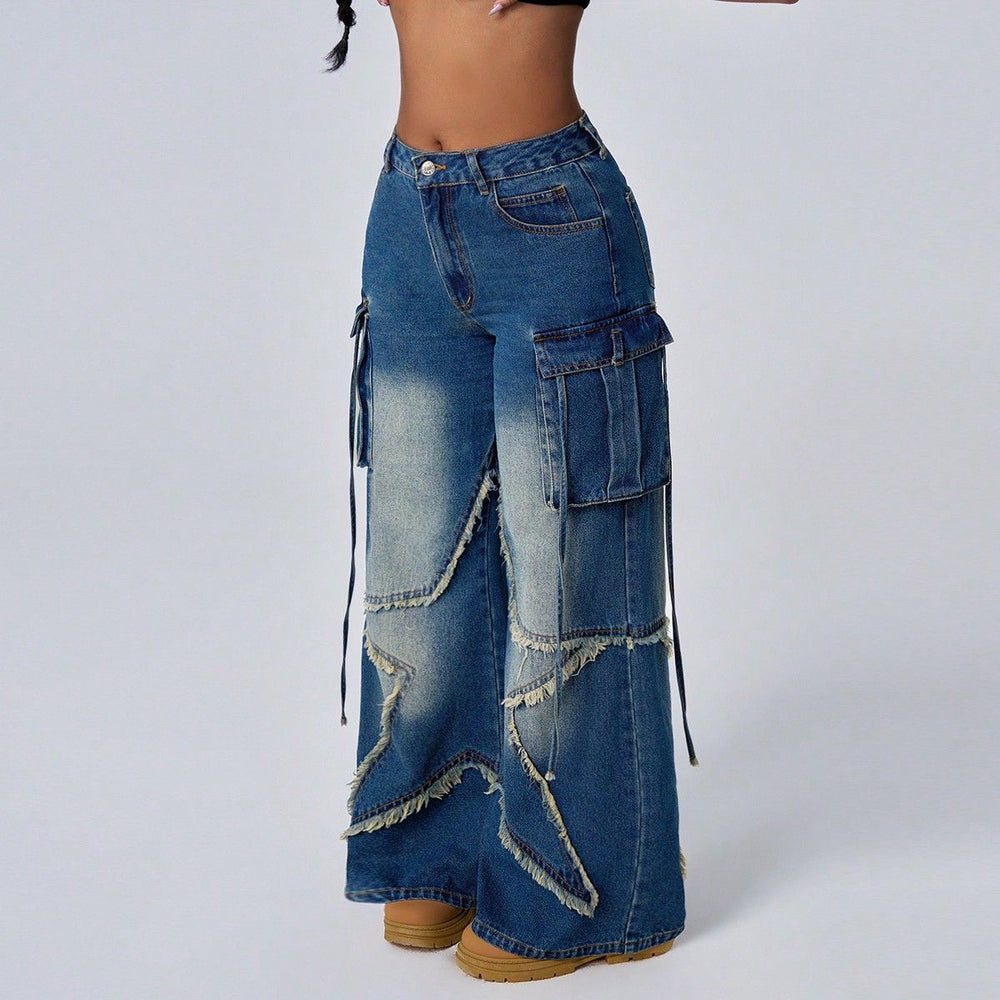 Pre-sale 15768#  cross-border foreign trade women's fashion ins retro five-pointed star workwear denim pants