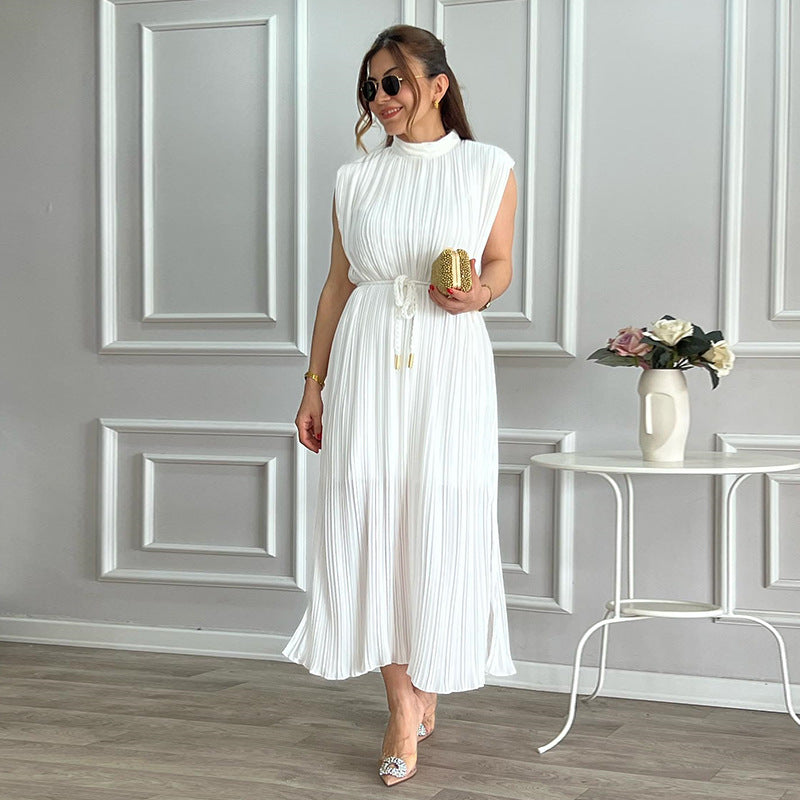 Ready-to-ship european and american export women's clothing,  spring/summer collection: fashionable and minimalist midi dress with mock neck, cinched waist, and tie detail