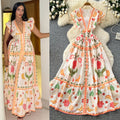 French riviera style v-neck printed flutter sleeve dress - women's spring/summer a-line maxi dress - elegant work-ready dress