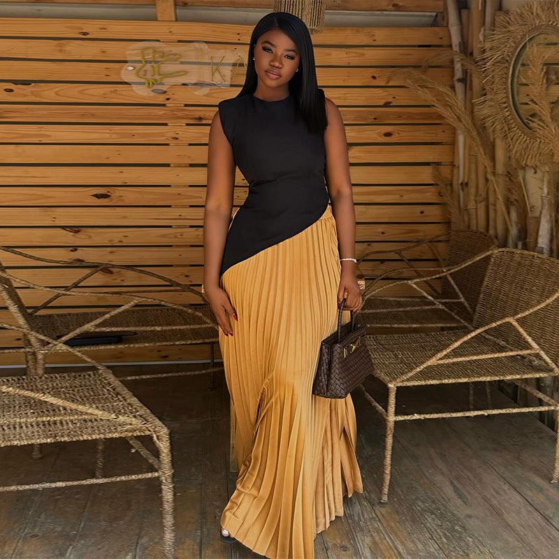 European and american style women's  autumn sweet & fresh round neck asymmetrical sleeveless top with high-waisted pleated midi skirt two-piece set