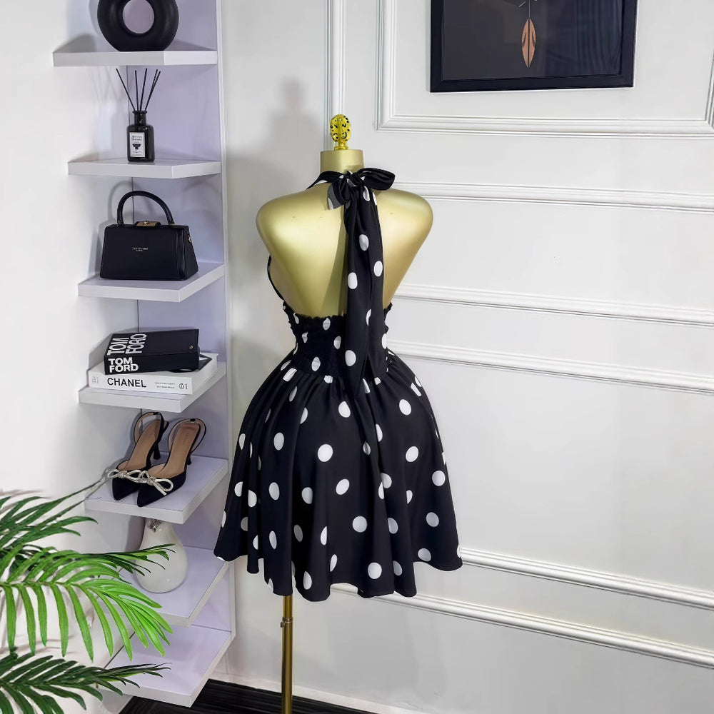European and american cross-border women's fashion  summer new arrival polka dot sleeveless v-neck tie-back cutout waist short dress