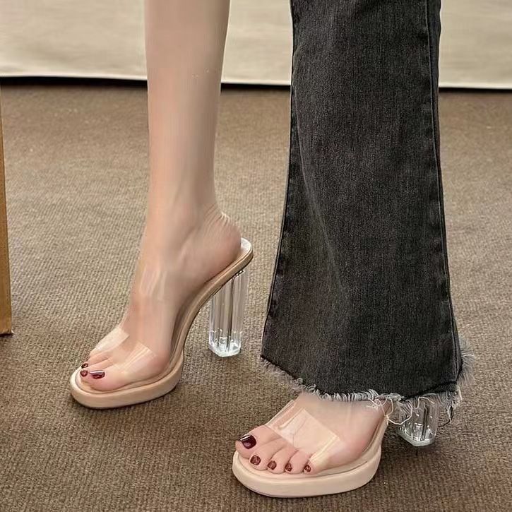 High heels for women 2024 summernew arrivalwaterproof platform one strap non-tiring feet thick heel crystal slippers women's sandals women's shoes