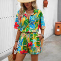 european and american cross-border  autumn new arrival: collared printed shirt & elastic waist cropped shorts two-piece set