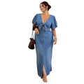 new arrival: plus size women's bubble sleeve, tie-front, slit maxi denim dress - perfect for , , and european & american markets