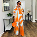 European and american style women's clothing  autumn new collection: sweet and fresh striped turn-down collar long-sleeve shirt and high-waisted straight-leg pants two-piece set