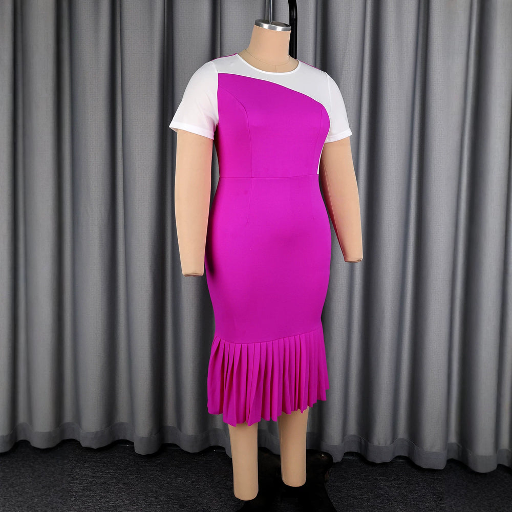 Trendy new slimming high-waisted short-sleeve dress - rose red color block, cinched waist belt, fishtail skirt dresses
