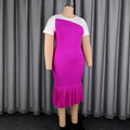 Trendy new slimming high-waisted short-sleeve dress - rose red color block, cinched waist belt, fishtail skirt dresses