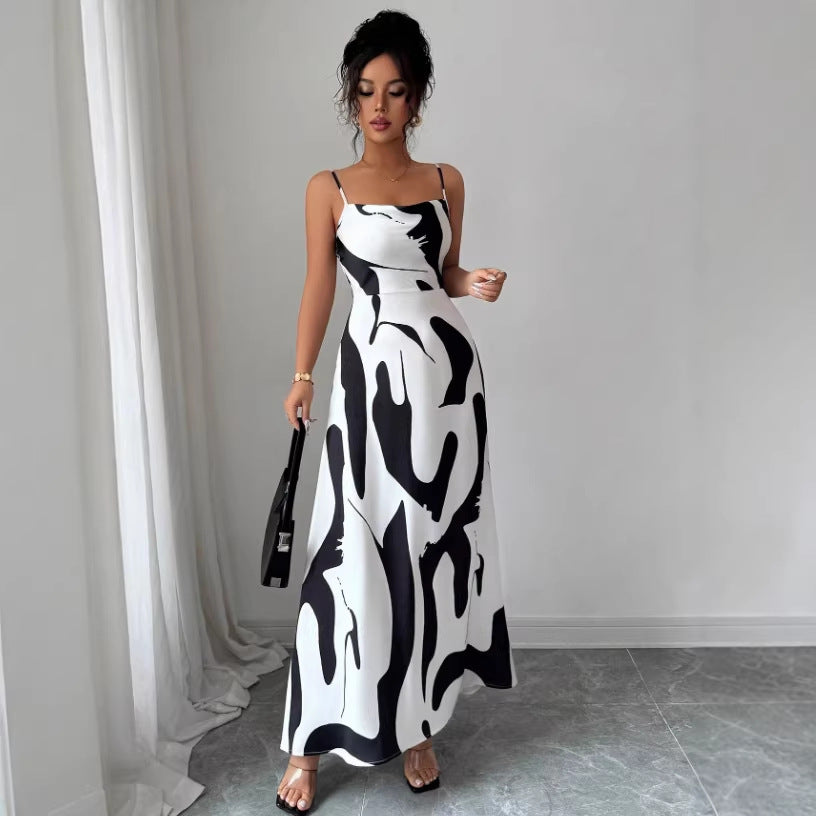 foreign trade  summer new european and american style geometric printing vacation sexy suspender skirt side slit one-step skirt