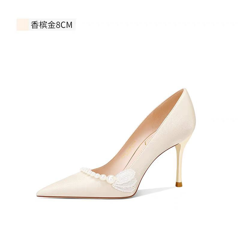 Pearl red wedding shoes! niche style elegant suede bridal xiuhe shoes engagement dinner with cheongsam bridesmaid high heels