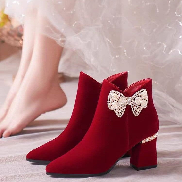 2024 winter new arrival red wedding shoes for women with thick heels and non-tiring feet wedding dress xiuhe two-piece bridal wedding boots