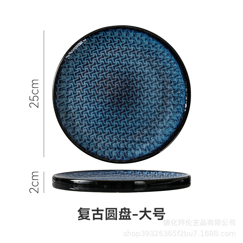 Kiln-turned-blue, high-value western-style dessert stylish plate, retro texture ceramic steak plate, round plate, restaurant and hotel