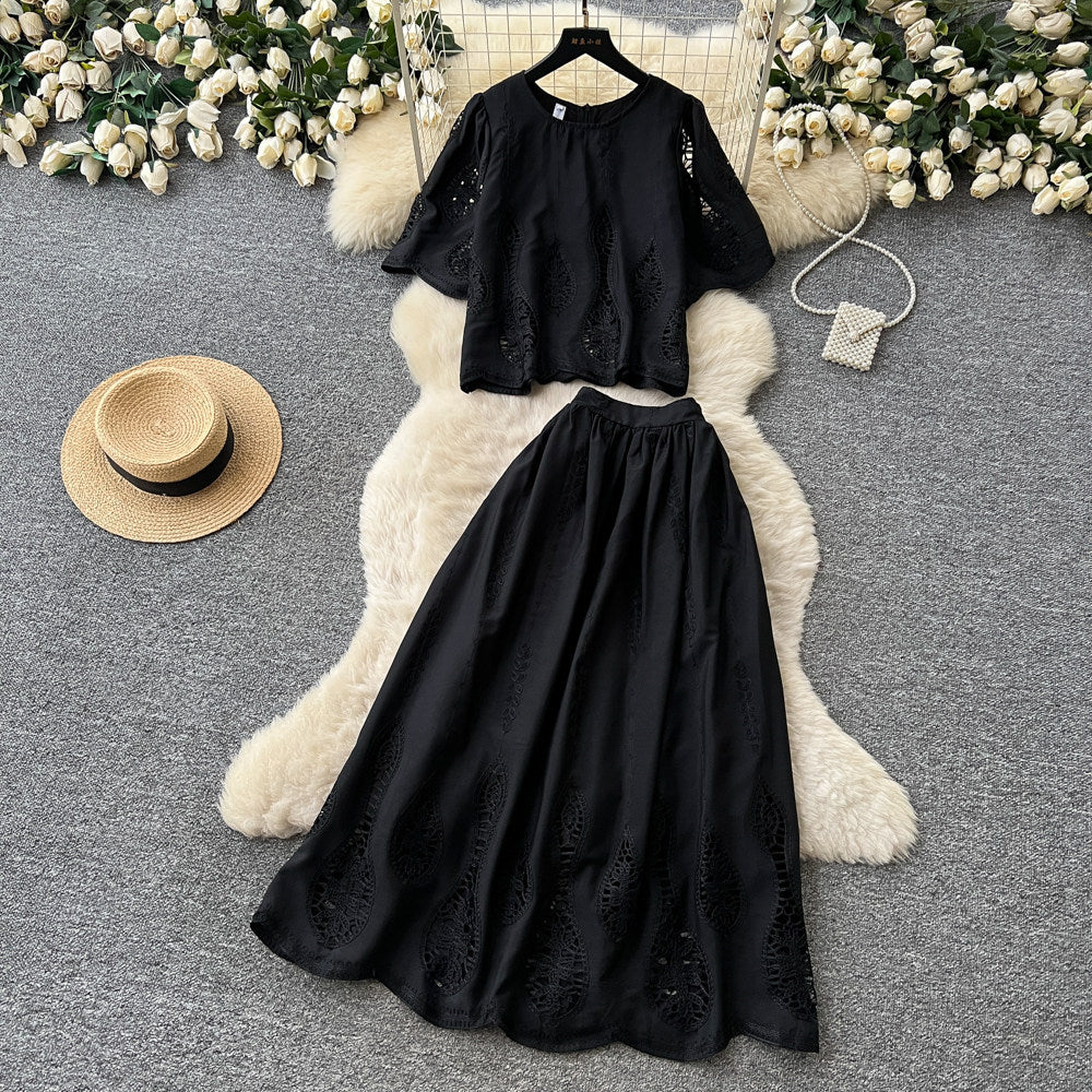 French chic lace-trimmed bubble sleeve top & high-waisted midi skirt two-piece set - slimming look