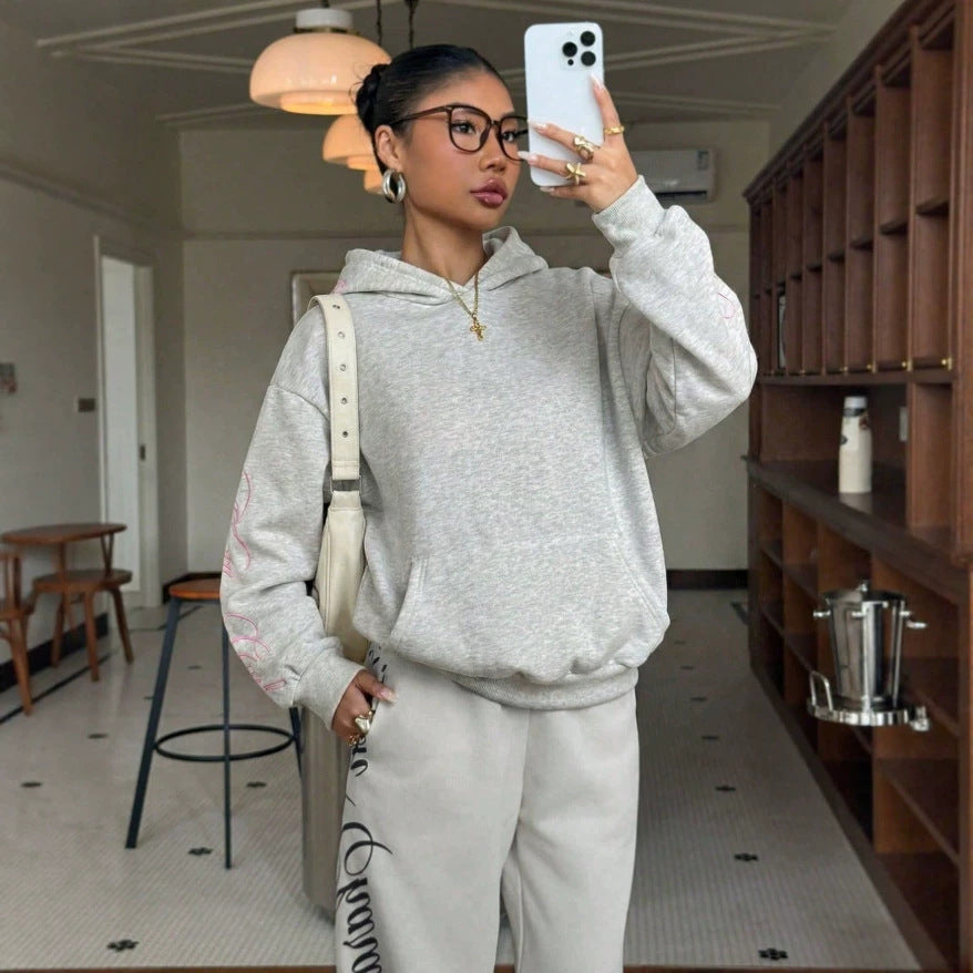 Amazon fashion cross-border  new arrival women's embroider hooded sweatshirt with pink floral lettering on the back and double sleeves