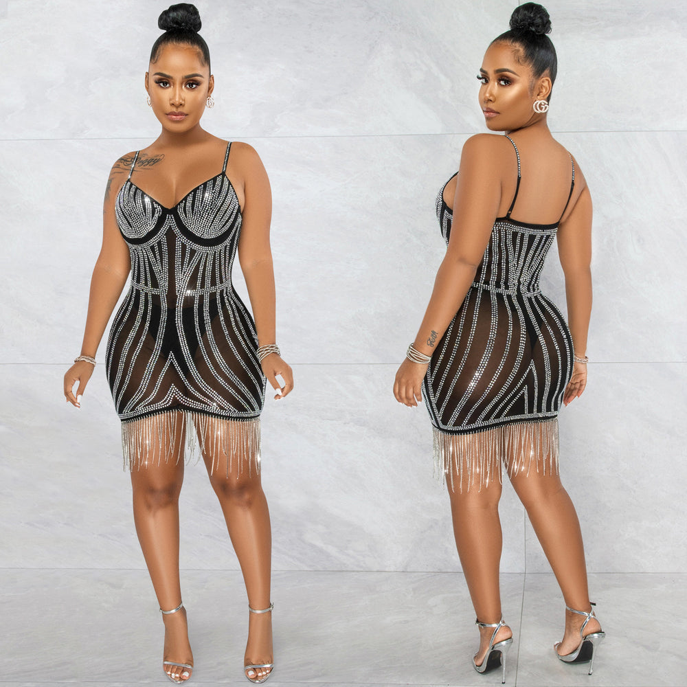 X5633   fashion new product hot diamond sexy suspender sleeveless chest wrap short skirt flowing beard dress