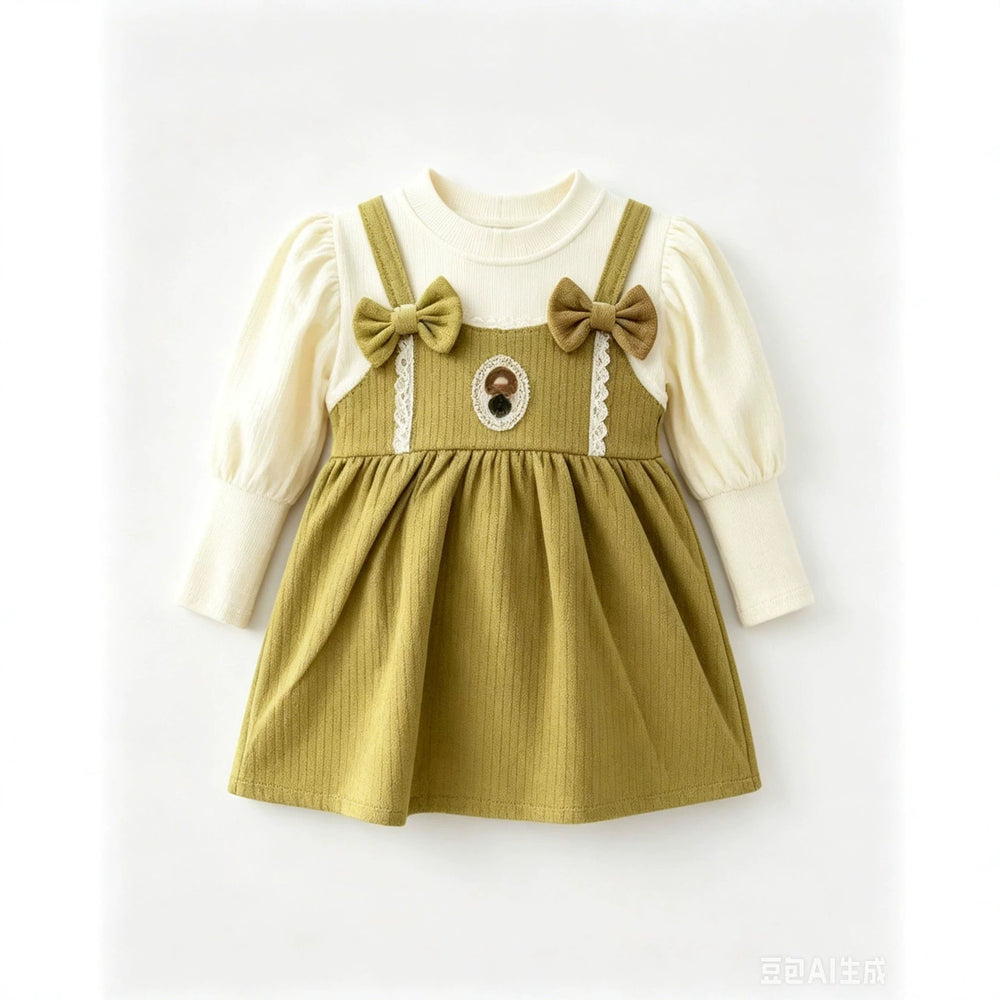 Girlbows suspender dressfake two-piecespring & fall puff sleeve bottom baby gentle bear princess dress