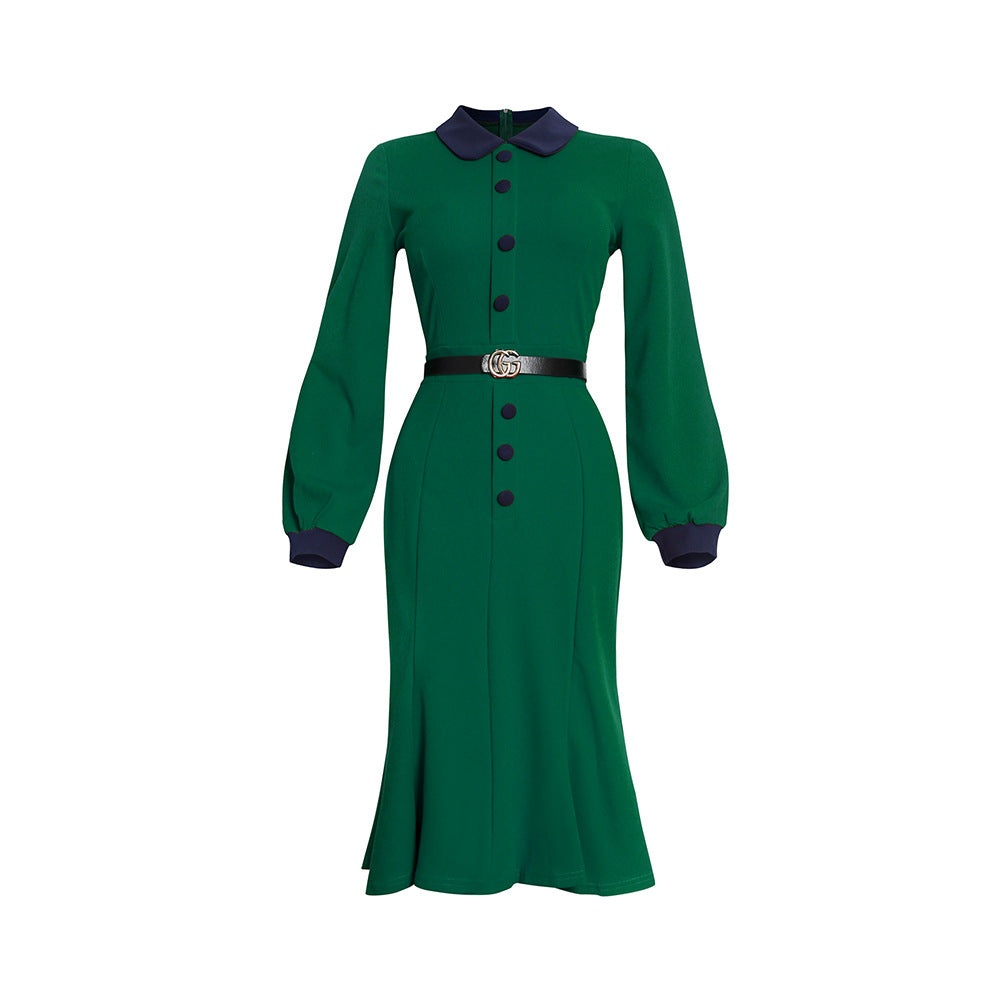 Kayaat cross-border african plus size women's clothing long sleeve slimming look high socialite doll collar dress with belt