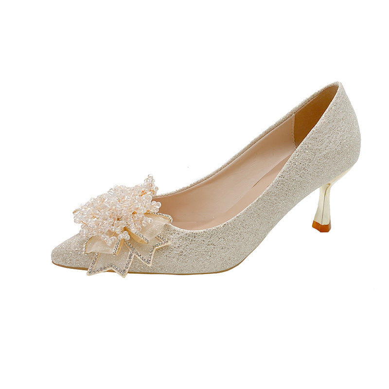 Wine glass and high heels women's 2025 spring new arrival wedding shoes engagement bridal wedding shoes stiletto heel french dinner shoes flats