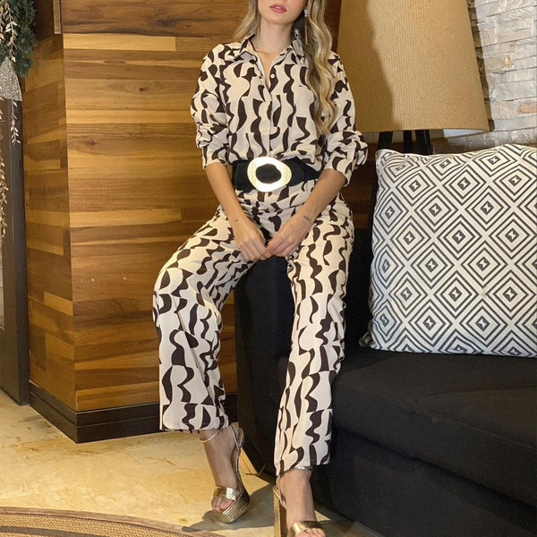 Spot 2024 New European and American Women's Clothing Fashion Printed Lapel Long Sleeve Casual Style Shirt High Waist Straight Pants Set