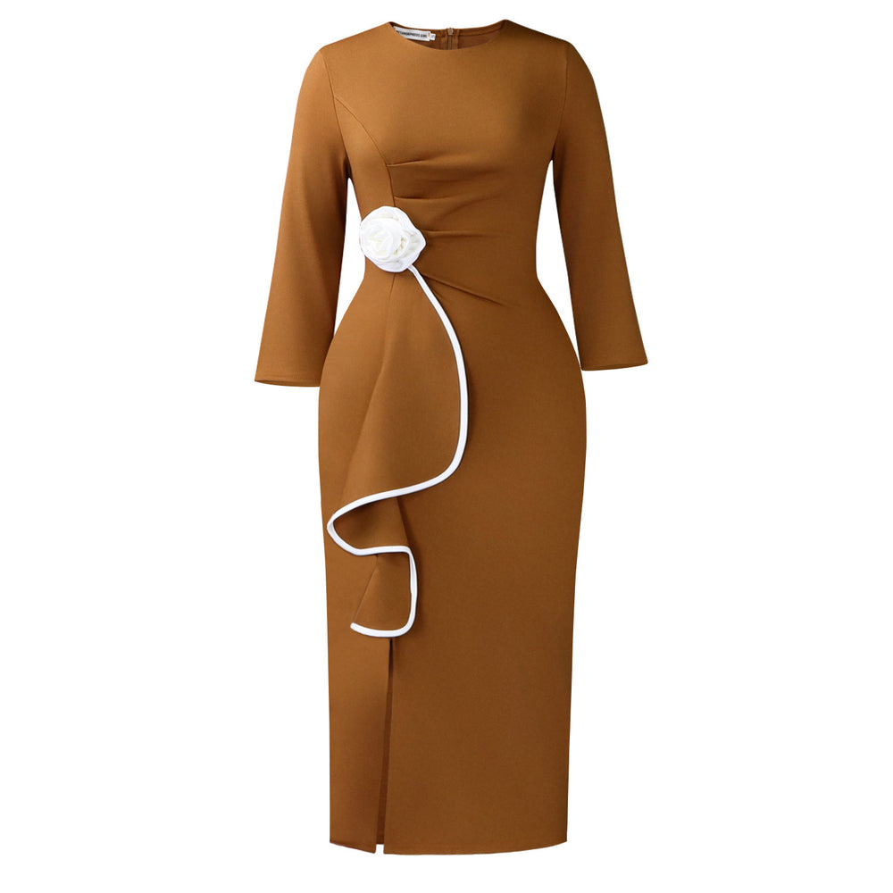 D612 european and american plus size elegant round neck 3d floral fashion ruffle hem bodycon dress - export quality
