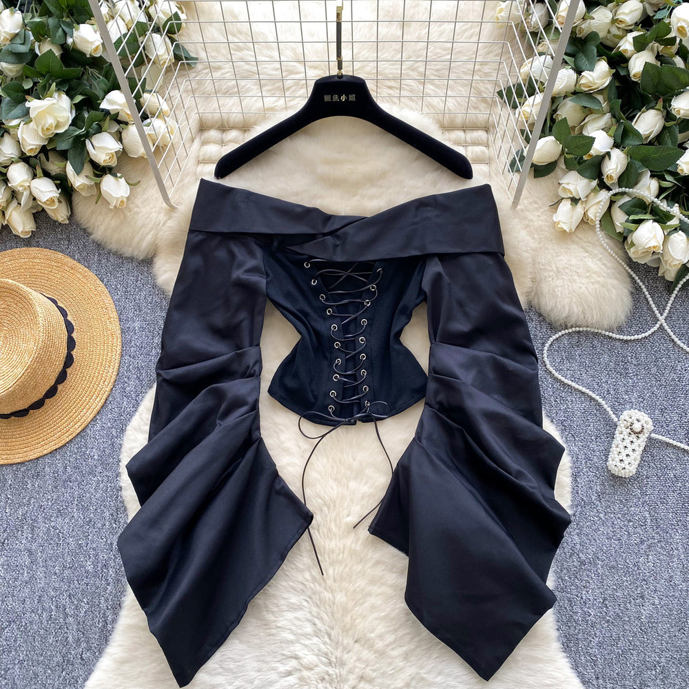 European and american women's clothing 2025 autumn new design: tie-waist, off-the-shoulder, ruched, long-sleeve, slim-fit top