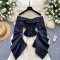 European and american women's clothing 2025 autumn new design: tie-waist, off-the-shoulder, ruched, long-sleeve, slim-fit top