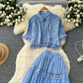 French retro court style two-piece set: women's loose-fit crochet lace patchwork short-sleeve top and high-waisted midi skirt