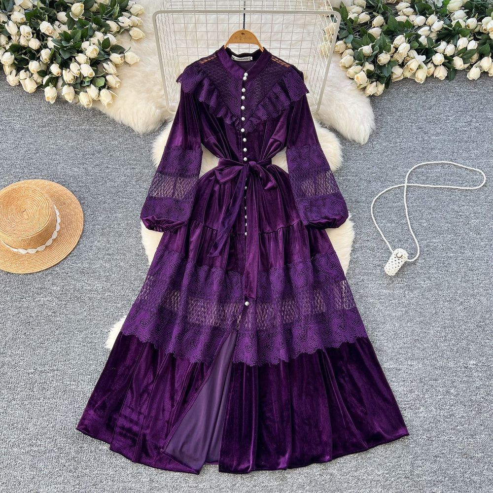 Palace style dress women's frenchretrofashion stand collar pearl single breasted lacepatchwork velvet long skirt