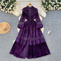 Palace style dress women's frenchretrofashion stand collar pearl single breasted lacepatchwork velvet long skirt