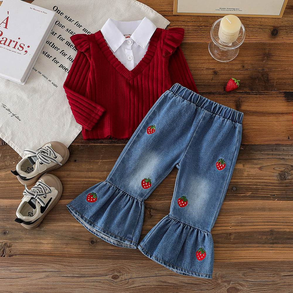 European and american cross-border new spring/autumn baby ribbed knit top with ruffle sleeves + embroidered strawberry denim pants two-piece set