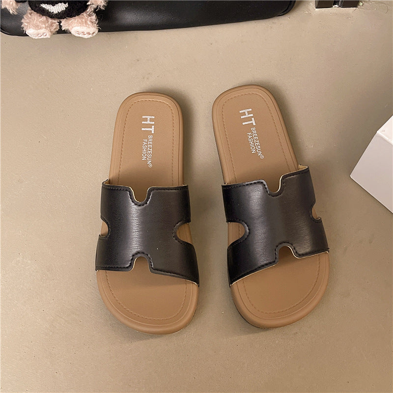 Fashionable starlight silver h strap versatile soft sole mules - french retro flat slide sandals for women
