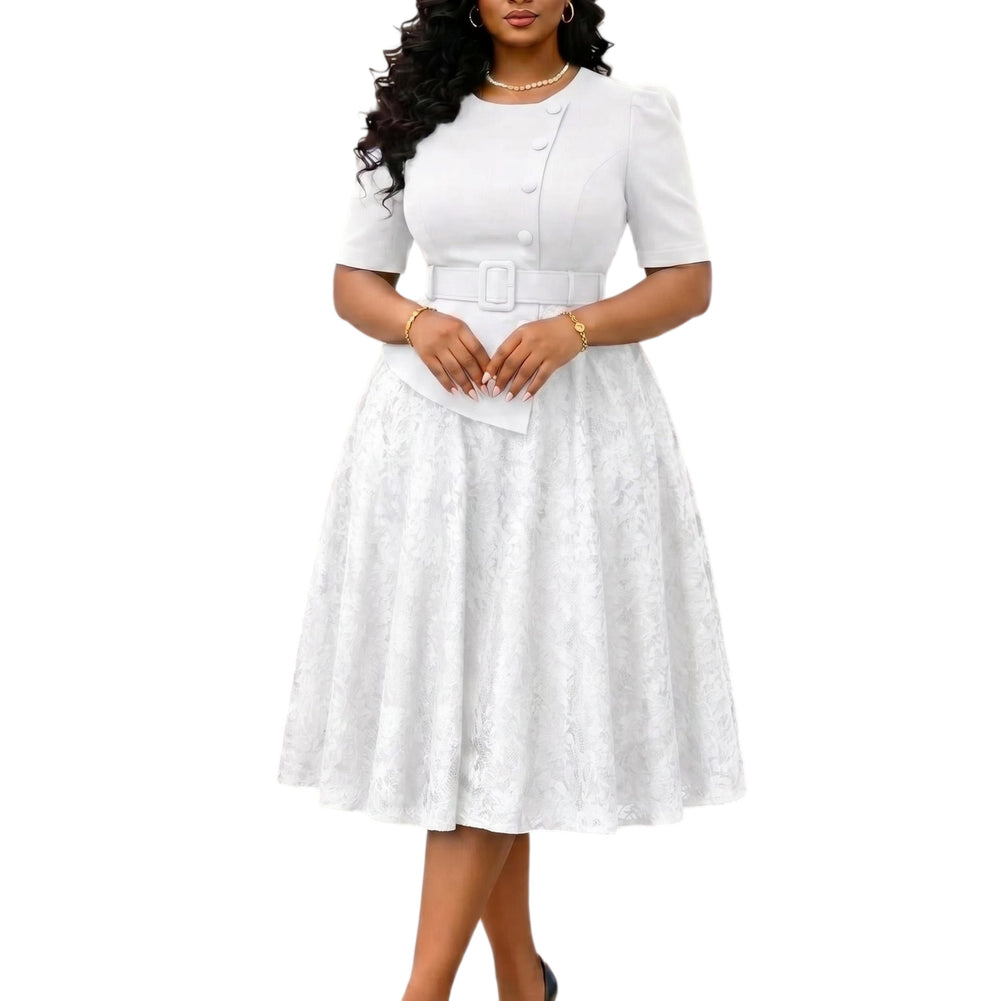 D637 european and american style women's clothing  summer new fashionable socialite lace patchwork high-waisted plus size faux two-piece dress